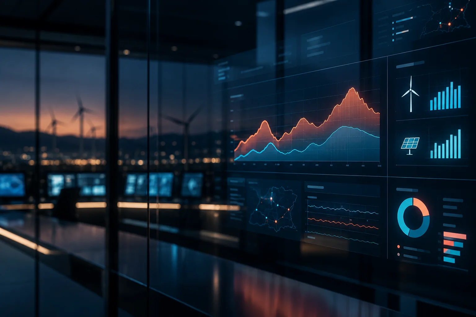 Abstract energy analytics display comparing renewable output and demand